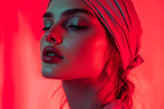 Bold Woman in Light Gray Bandana with Solid Neon Coral Background Fashionable Portrait