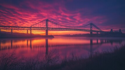 Fototapeta premium A bridge at sunrise, with the first light of day casting warm hues across the water and the bridge structure.