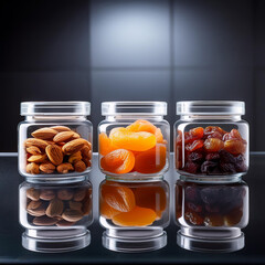 a group of containers with different fruits on a table.