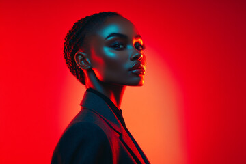 Bold Woman in Dark Gray Suit with Solid Neon Red Background Fashion Portrait