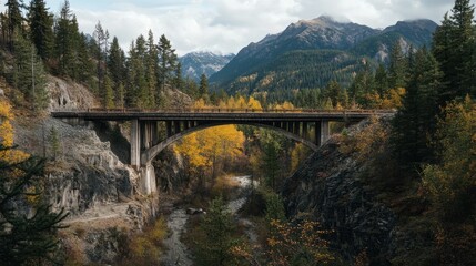 Obraz premium A bridge in a remote wilderness area, with towering trees and mountains surrounding it.