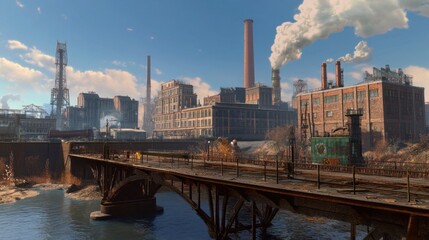 A bridge in an industrial area, with factories, warehouses, and smokestacks visible in the background.