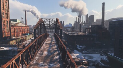 Obraz premium A bridge in an industrial area, with factories, warehouses, and smokestacks visible in the background.