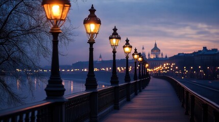Fototapeta premium A bridge lined with old-fashioned street lamps, casting a warm glow as evening sets in.