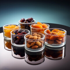 a group of containers with different fruits on a table.