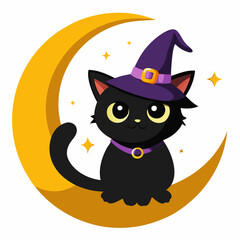 A cartoon black cat wearing a witch hat, sitting on a crescent moon