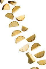 Naklejka premium Falling pineapple slice isolated on white background, full depth of field, ananas slices tropical yellow and orange sweet fresh fruit juicy dessert, set with transparent exotic view 