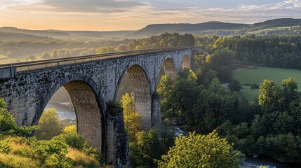 A bridge with a panoramic view of the surrounding landscape, with hills, forests, and a river below.