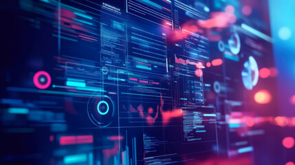 Colorful digital interface displaying complex data and analytics in a futuristic setting during nighttime