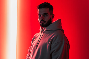 Fototapeta premium Trendsetting Men in Light Gray Hoodie with Solid Neon Red Background Fashionable Portrait