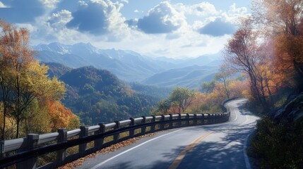 A bridge with a view of the mountains in the distance, with the road curving gently down the hillside.