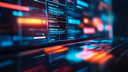 Colorful digital interface displaying complex data and analytics in a futuristic setting during nighttime