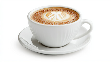 Fototapeta premium A cup of cappuccino set in a white plate against white background.