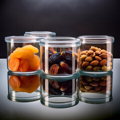 a group of containers with different fruits on a table.