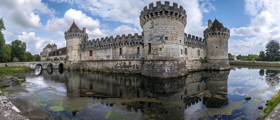 Obraz premium Majestic Historic Castle with Moat and Drawbridge Symbolizing Medieval Era Grandeur