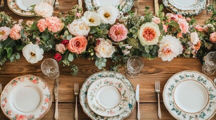 boho chic wedding decor featuring mismatched plates, floral centerpieces, and wooden table vintage vibe