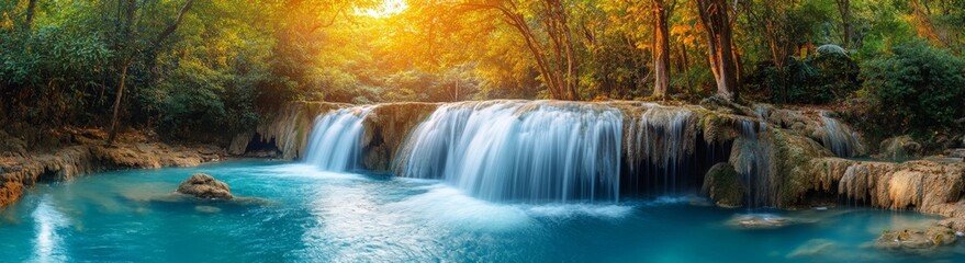 Obraz premium Panoramic beautiful deep forest waterfall in Thailand