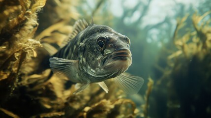 Obraz premium A close-up of a fish swimming among seaweed, with the underwater light creating a calm and mysterious atmosphere.