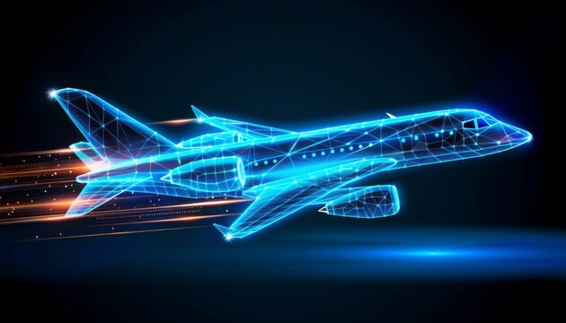 Digital plane in low poly wireframe design, future logistics intelligent aviation technology and flight management systems, flight paths and enhancing aerodynamic performance. safe air travel.