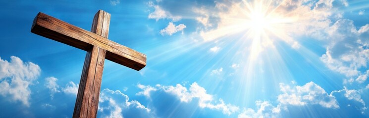 Wooden cross against a blue sky with clouds and sun rays, a banner for Easter or Christmas background with a copy space area A Christian wooden cross, a symbol of Jesus Christ Generative AI