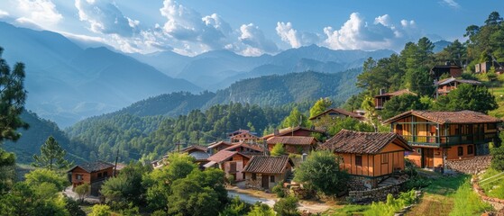 Obraz premium Majestic Panoramic View of a Quaint Mountain Village with Charming Traditional Houses