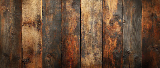 Background of distressed rustic wood panels, ultradetailed textures, warm browns, natural knots, worn edges, vintage feel