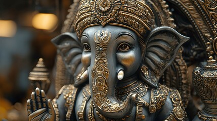 Obraz premium Close Up Ganesha Hindu God Statue Golden Details