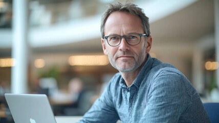 Middle-aged Caucasian man working on laptop in modern office with copy space