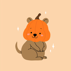 Funny Quokka, Wallaby with Rounded Ears and pumpkin head. Halloween cartoon illustration.