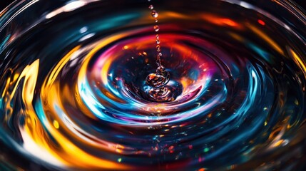 A magnetic stirrer blends colorful liquids in a glass container, generating dynamic circular patterns as it creates ripples and bubbles in the fluid