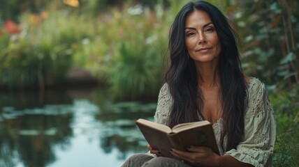 Obraz premium Middle-aged Latina woman by tranquil pond with book and copy space
