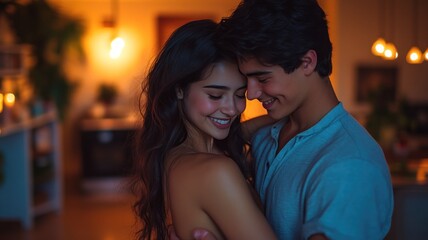 Young Latina couple dancing in cozy living room with copy space