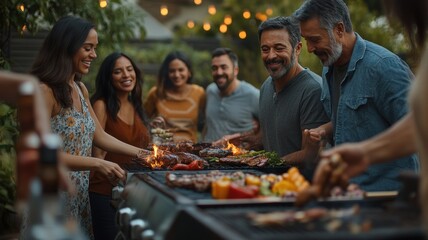 Fototapeta premium Middle-aged friends barbecue in backyard