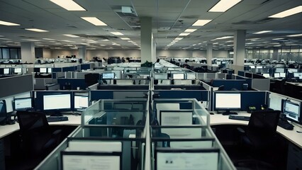 An empty austere call center with desks, handling customer inquiries. The open office space is lively, with headsets, computers, and focused workers engaging in support.