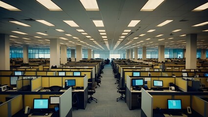 An empty yellow call center with rows of desks and chairs. Headsets and computer screens are neatly arranged, ready for the next work shift in the calm, organized workspace.