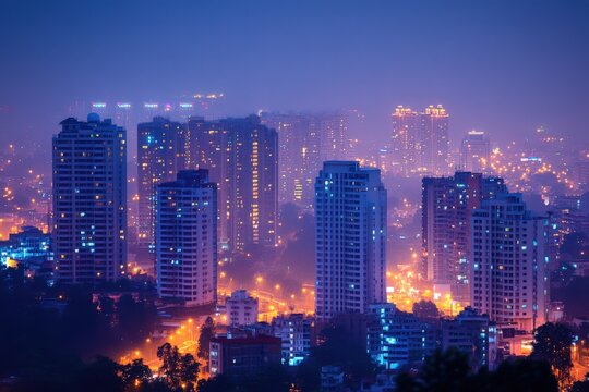 Fototapeta Bangalore City Skyline, India. Modern Business Landmark in Silicon Valley at Night