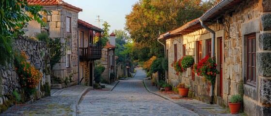 Obraz premium Picturesque Traditional Village Scene with Cobblestone Streets and Quaint Old Houses