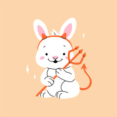 Cute kawaii bunny cartoon character in imp costume. Halloween white rabbit vector illustration