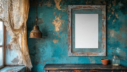 Rustic Interior with a Blank Picture Frame and a Wooden Table