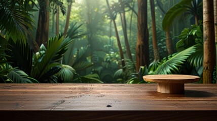 Wooden Podium with Green Leaves