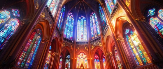 Fototapeta premium Majestic Historic Cathedral Featuring Vibrant Stained Glass Windows