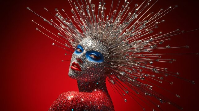 An avant-garde artistic portrait showcasing a person with extravagant spiky makeup and glitter accents in bright colors against a bold red background, exemplifying creativity.