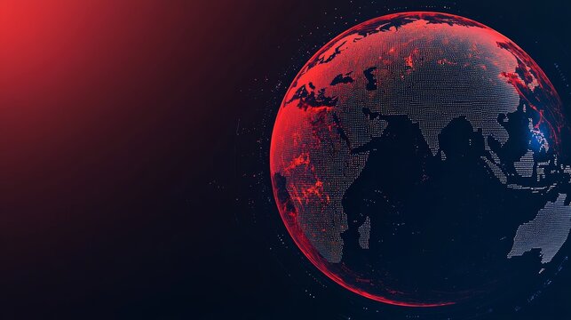 Fiery digital globe overlaid on global map front view signifying the rapid spread of information worldwide sci-fi tone split-complementary color scheme