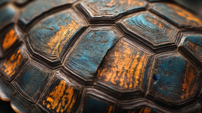 A close-up of a turtle shell, showcasing the intricate patterns and textures of the different scutes and colors.