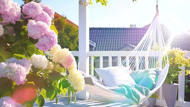 Cozy hammock on a sun-drenched rooftop terrace with blooming hydrangeas