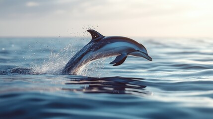 Fototapeta premium A dolphin breaching the surface of the water, with droplets flying through the air and the ocean calm and clear.