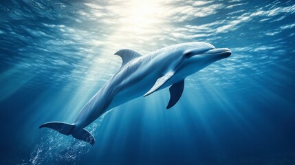A dolphin gracefully gliding through the water, with sunlight illuminating its sleek body and the ocean depths below.