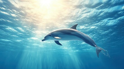 Obraz premium A dolphin gracefully gliding through the water, with sunlight illuminating its sleek body and the ocean depths below.