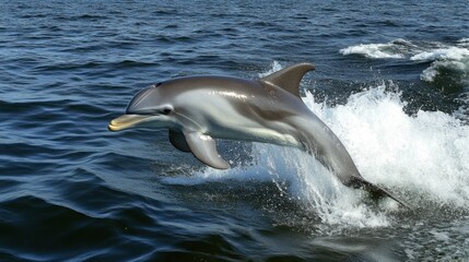 A dolphin jumping out of the water, creating a splash as it lands back in the ocean.