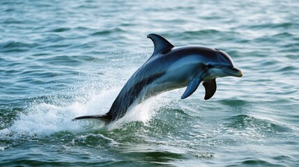 Fototapeta premium A dolphin jumping out of the water, creating a splash as it lands back in the ocean.